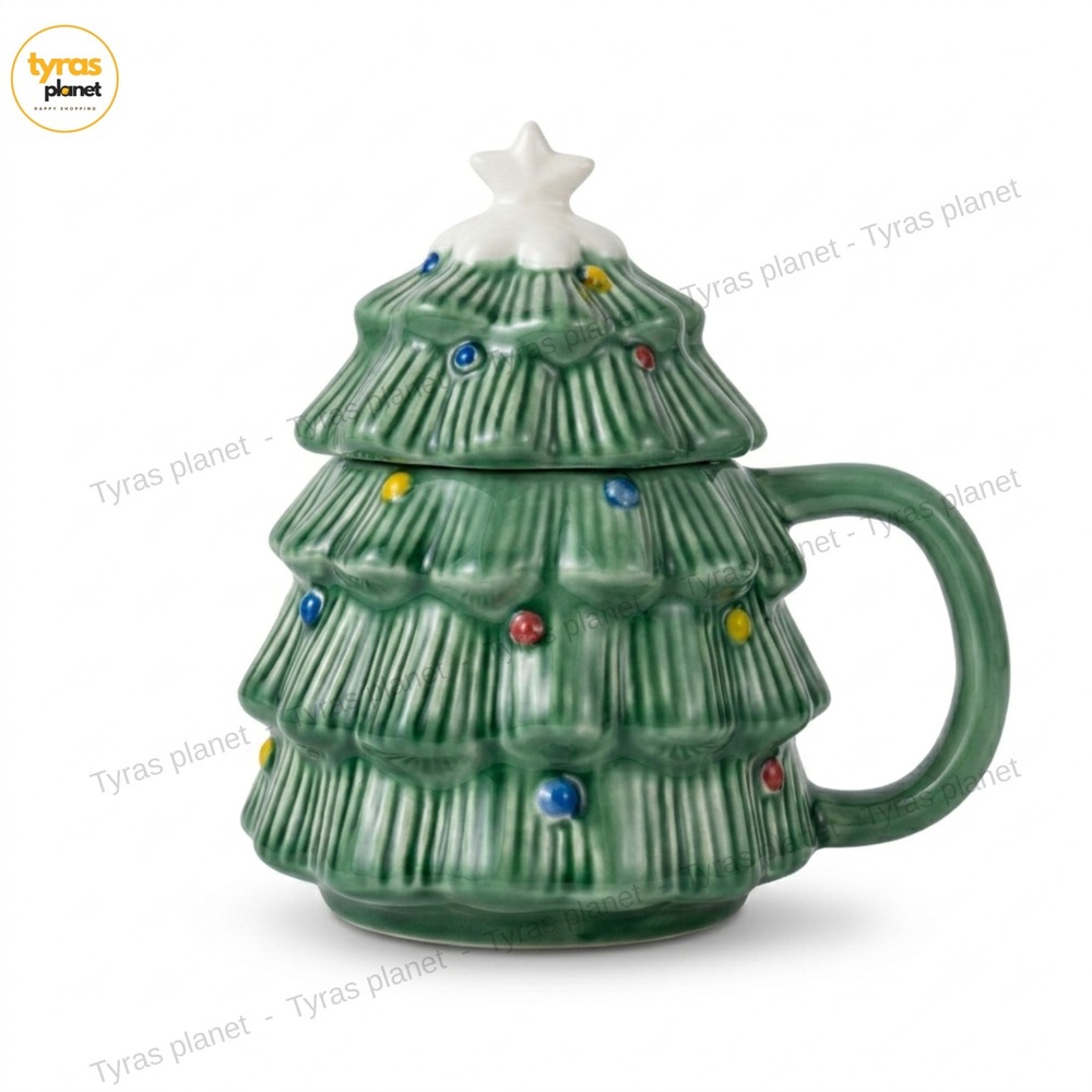 Potter Studio Christmas Tree Ceramic Mug with Lid & Handle – Festive Holiday Cup